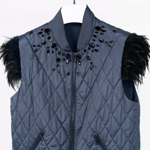 Brunello Cucinelli AW/14 Blue Quilted Silk Crystal Feather-Trim Vest - Picture 3 of 12